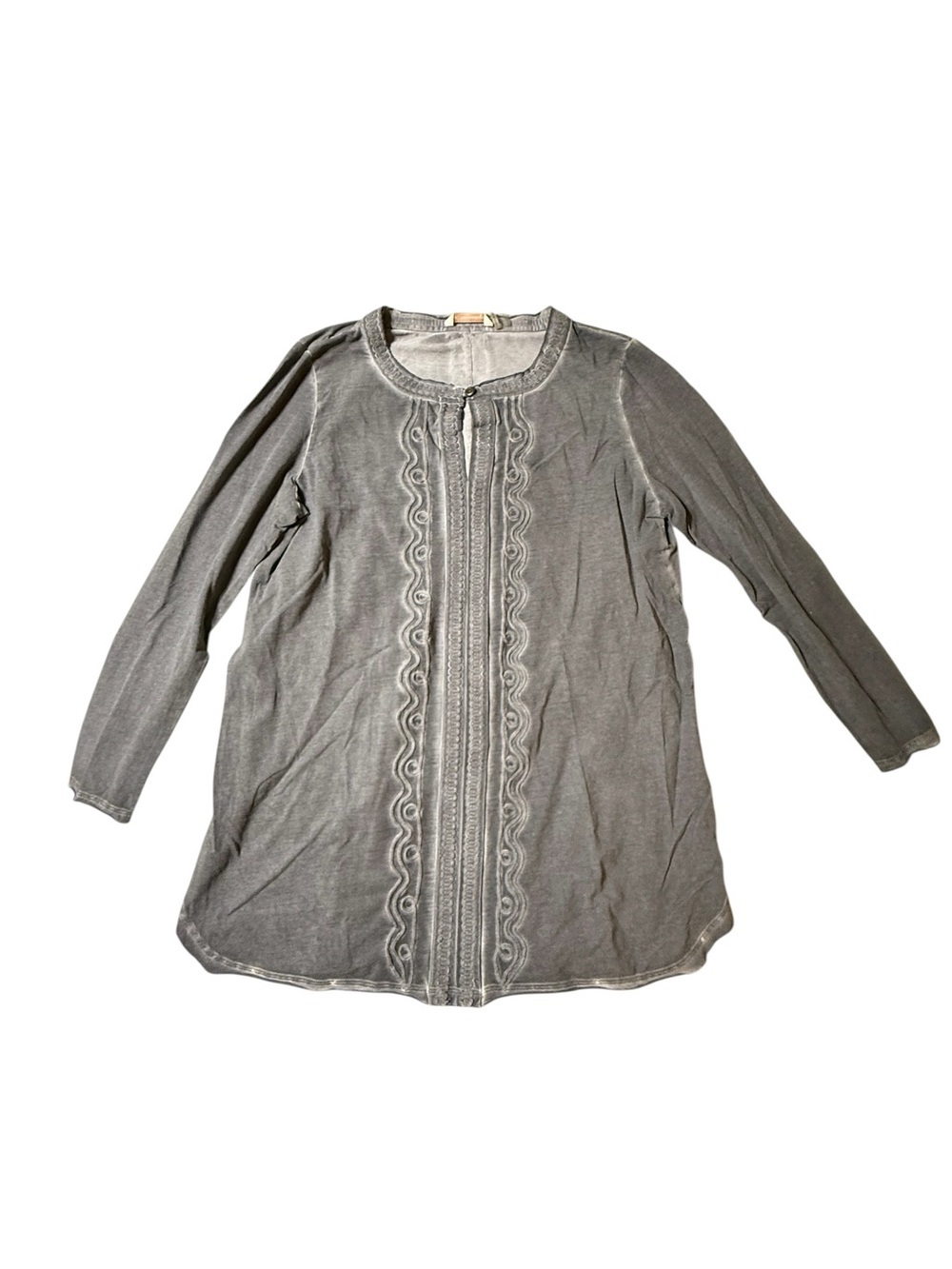Soft Surroundings Gray Boho Embroidered Tunic Top Large Long Sleeve Embellished